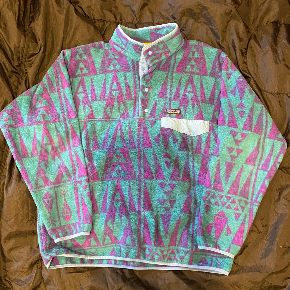 Patagonia synchilla men’s snap-t fleece pullover turquoise & purple patterned